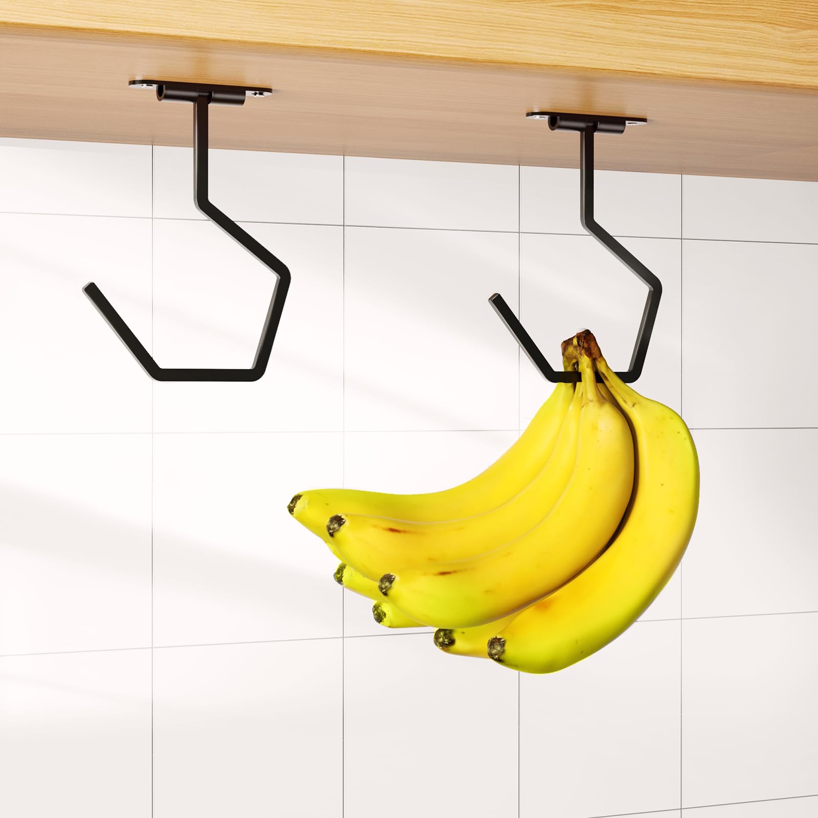 Luckinow 2 Pack Flodable Banana Hook Under Cabinet, Hidden Banana Hanger Hook [Keep Banana Fresh], Black