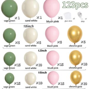 Sage Green Pink Balloon Garland Kit, Olive Green Pastel Pink Metallic Gold Sand White Balloon for Wedding Bridal Shower Girl Birthday Engagement Jungle Woodland Party Safari Baby Shower Decorations