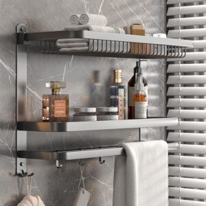 stainless steel towel rack for bathroom towel storage, 3-tier foldable towel shelf with towel bar hooks,wall mounted(grey)