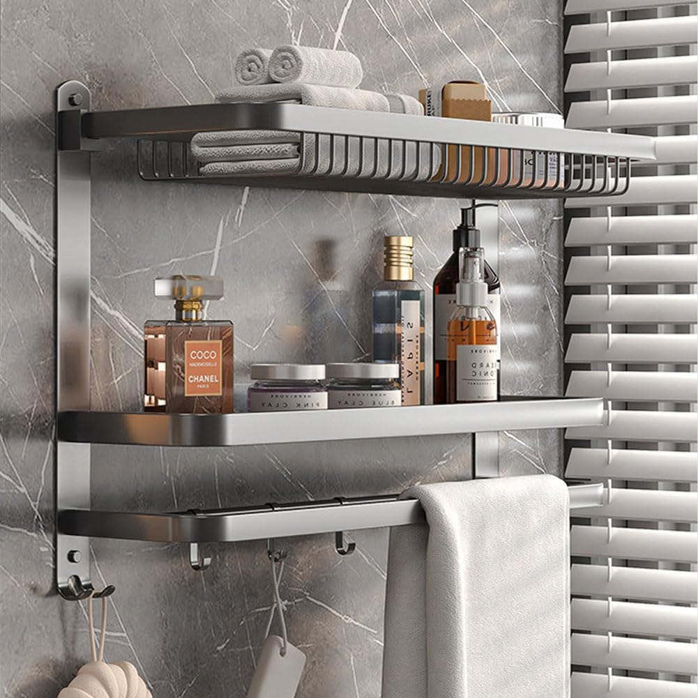 Stainless Steel Towel Rack for Bathroom Towel Storage, 3-Tier Foldable Towel Shelf with Towel Bar Hooks,Wall Mounted(Grey)