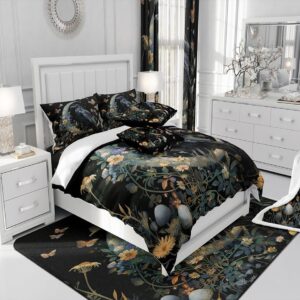 Black Crow Comforter Set King Size,Moon Daisy Flower and Butterfly Bedding Set,Kids Girls Boys Teens Room Decor,Halloween Theme Animals Plants Quilt Set Boho Trippy Duvet Insert,2 Pillowcases