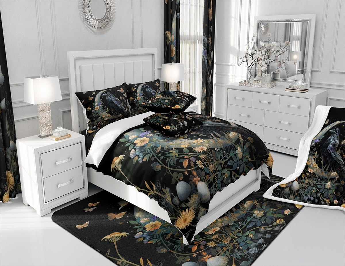 Black Crow Comforter Set King Size,Moon Daisy Flower and Butterfly Bedding Set,Kids Girls Boys Teens Room Decor,Halloween Theme Animals Plants Quilt Set Boho Trippy Duvet Insert,2 Pillowcases