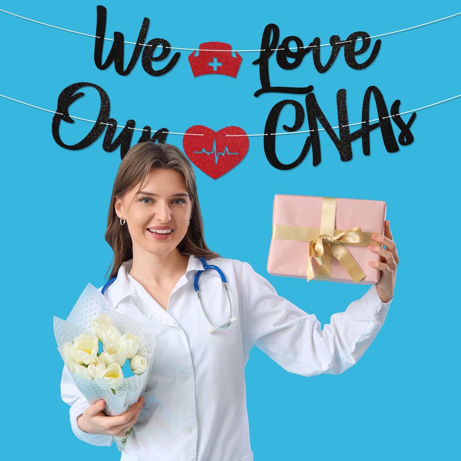 We Love Our CNAs Banner - CNA Appreciation Week Decorations, Happy CNAs Week Banner, Nurse RN Appreciation Party Decorations Black Glitter