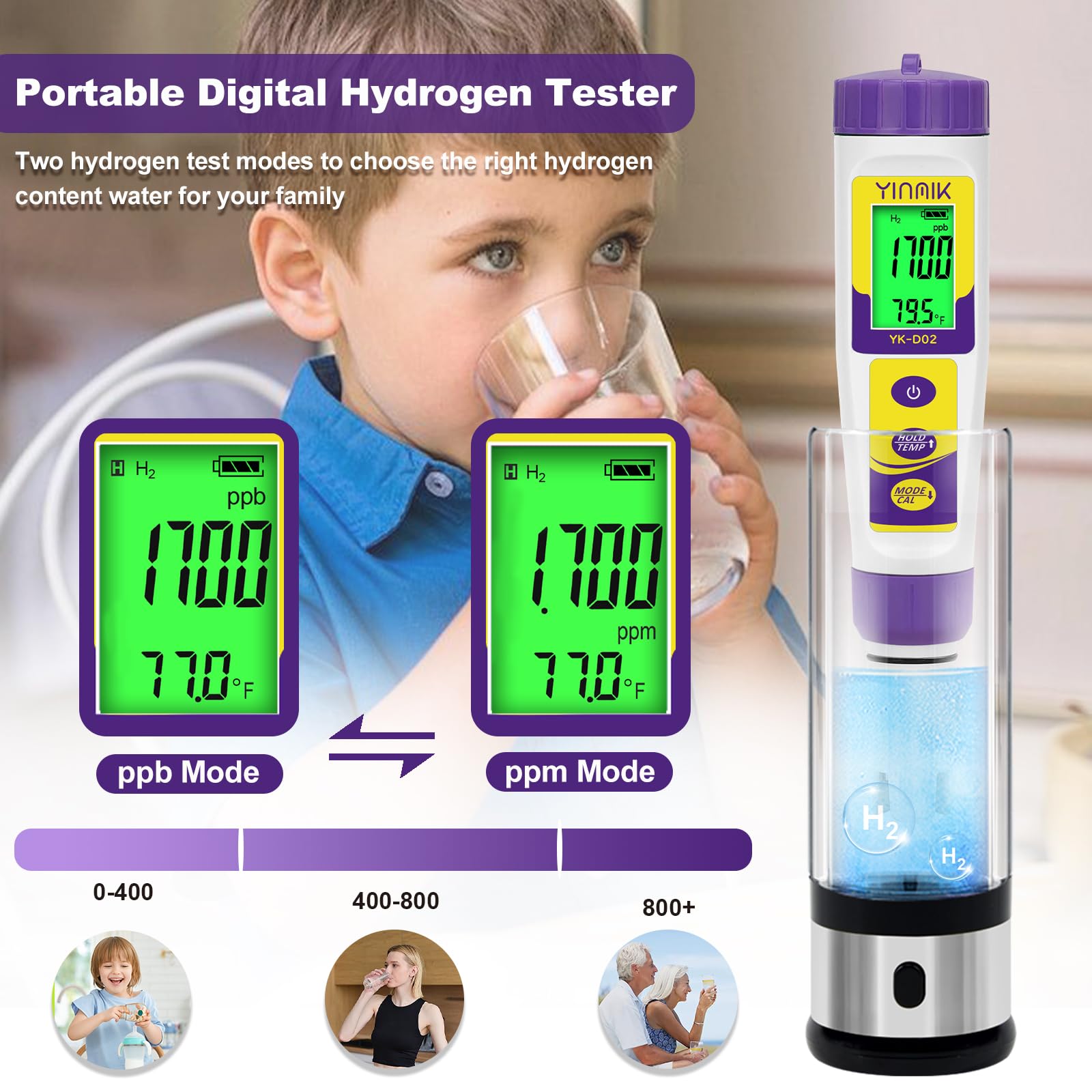 pH TDS Meter for Drinking Water, YINMIK Hydrogen Water ppb Tester, 6 in 1 pH PPM H2 EC ORP Temp Water Quality Meter, Digital pH PPM ORP EC Monitor for Hydroponic, pH Test Kit for Kombucha & Canning