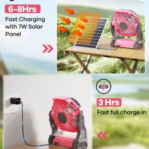 Art In Real 10400mAh Solar Powered Fan, Portable Solar Fan with LED Lantern, Camping Fan with 7W Solar Panel, Stepless Speed Battery Powered Fan for Travel, Camping,Office,Outdoor＆Indoor(Pink)