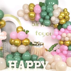 Sage Green Pink Balloon Garland Kit, Olive Green Pastel Pink Metallic Gold Sand White Balloon for Wedding Bridal Shower Girl Birthday Engagement Jungle Woodland Party Safari Baby Shower Decorations