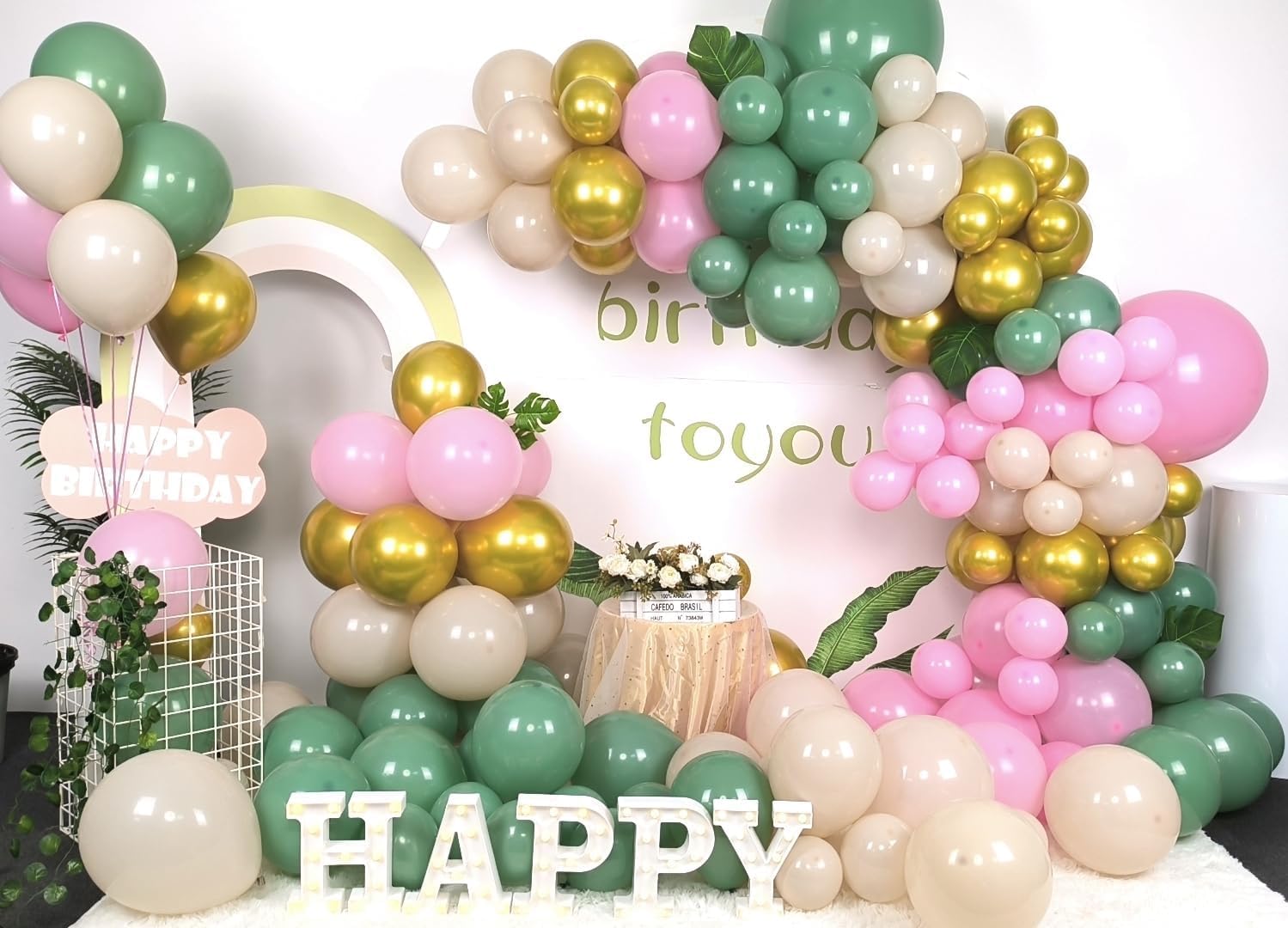 Sage Green Pink Balloon Garland Kit, Olive Green Pastel Pink Metallic Gold Sand White Balloon for Wedding Bridal Shower Girl Birthday Engagement Jungle Woodland Party Safari Baby Shower Decorations