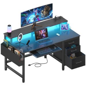 lufeiya gaming desk with led lights and power outlets, 47 inch home office desks with keyboard tray, computer desk with file drawers cabinet, writing table pc desks with monitor stand, black