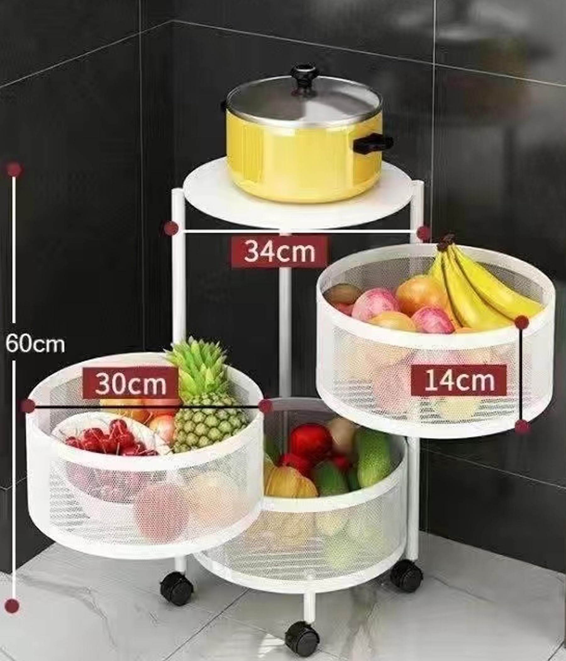 Boncun Rotating Storage Shelves Rack for Kitchen vegetable Storage Organizer Fruit Basket floor stand Shelf fruit tower Potato Onion (White Rotating Square 3 Tier)