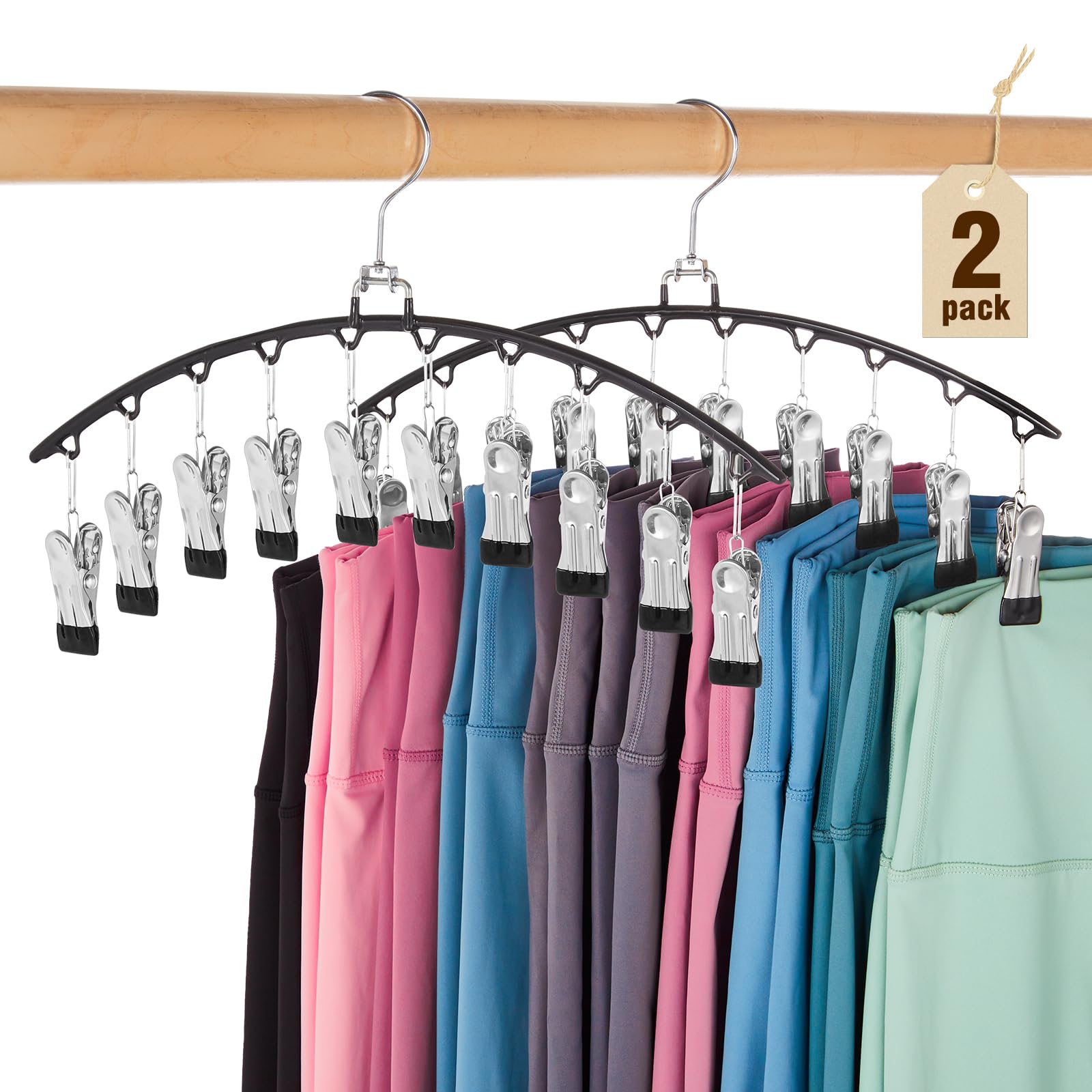 HOUSE DAY Legging Organizer for Closet, Metal Yoga Pants Hanger 2 Pack w/10 Clips Holds 20 Leggings, Space Saving Hanger Closet Organizers and Storage, Clips Hanger for Pants, Skirts, Hats, Black