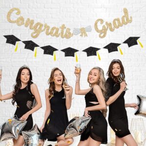 Glitter Gold Congrats Grad Decorations Banner Graduation Decorations Class of 2024 Banner Black Glitter Congrats Grad Graduation with Tassel Party Decor College High School Graduation Party Favors