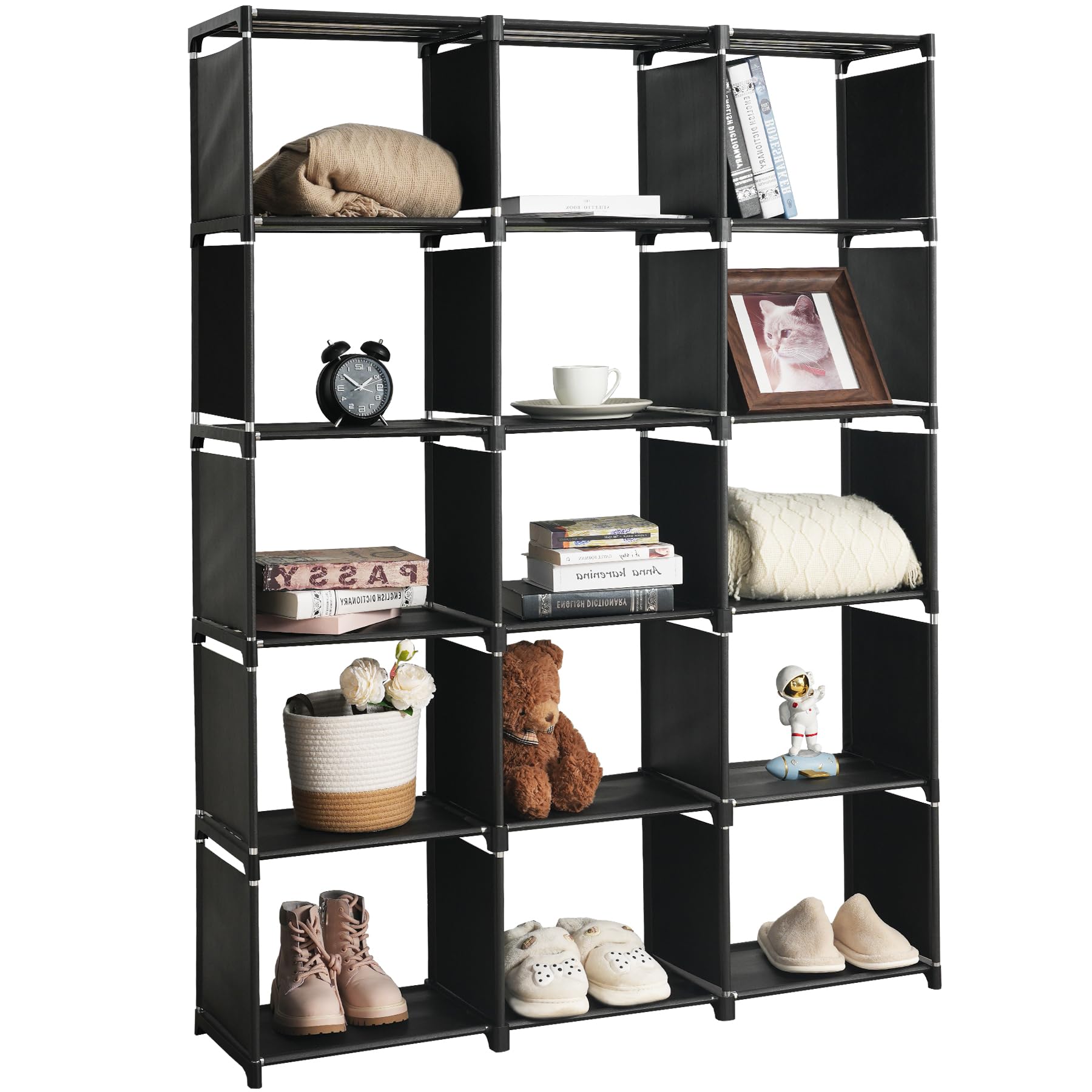 ANTSUN Book Shelf Assembled Storage Rack 6/9/12/15/18/20 Grid DIY Bookcase Vertical Cabinet Bookshelves Large Cube Storage Orangnizer Shelves for Bedroom, Living Room, Home Office (15-Grid Black)