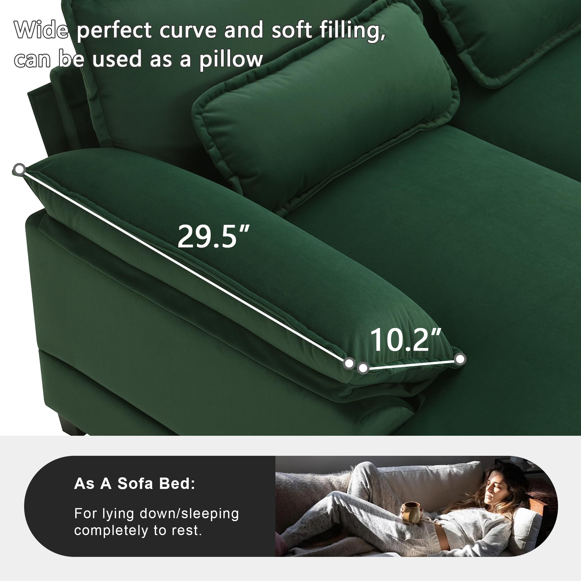 Suheww 109.8" U Shaped Sectional Sofa Cloud Couch, Modern Velvet U Shaped Couch, Large Modular Sleeper Sofa with Double Chaise for Living Room Apartment Guest Room Green