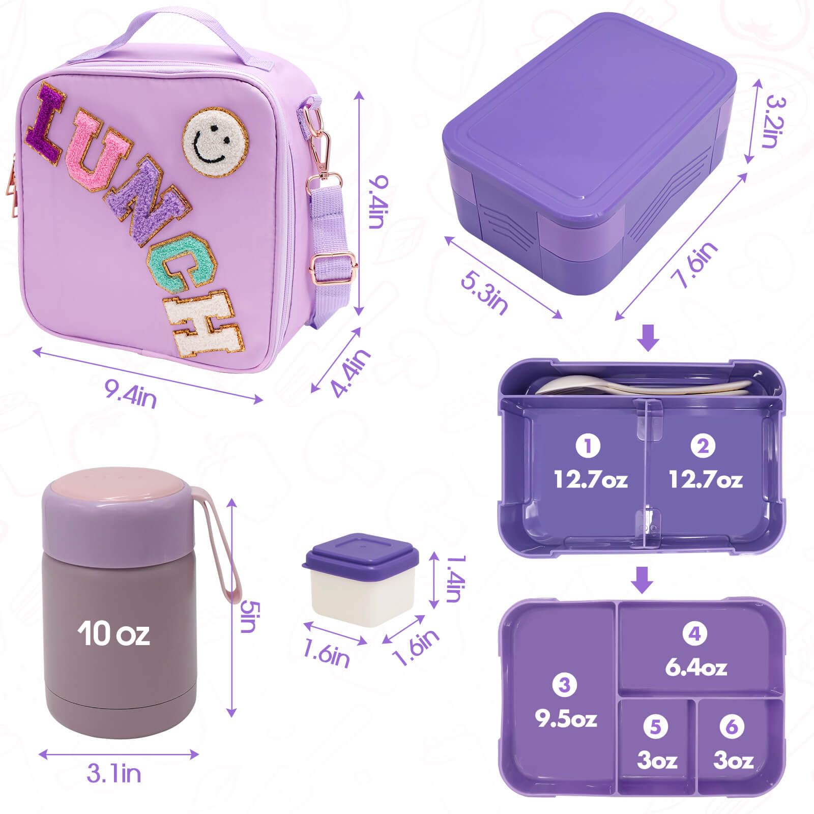 Preppy Lunch Box for Girls with 10oz Thermo, with 6 Compartment Bento Box, Purple Nylon Insulated Lunch Bag Adjustable Strap for Girl Kids Teens School Travel Picnic