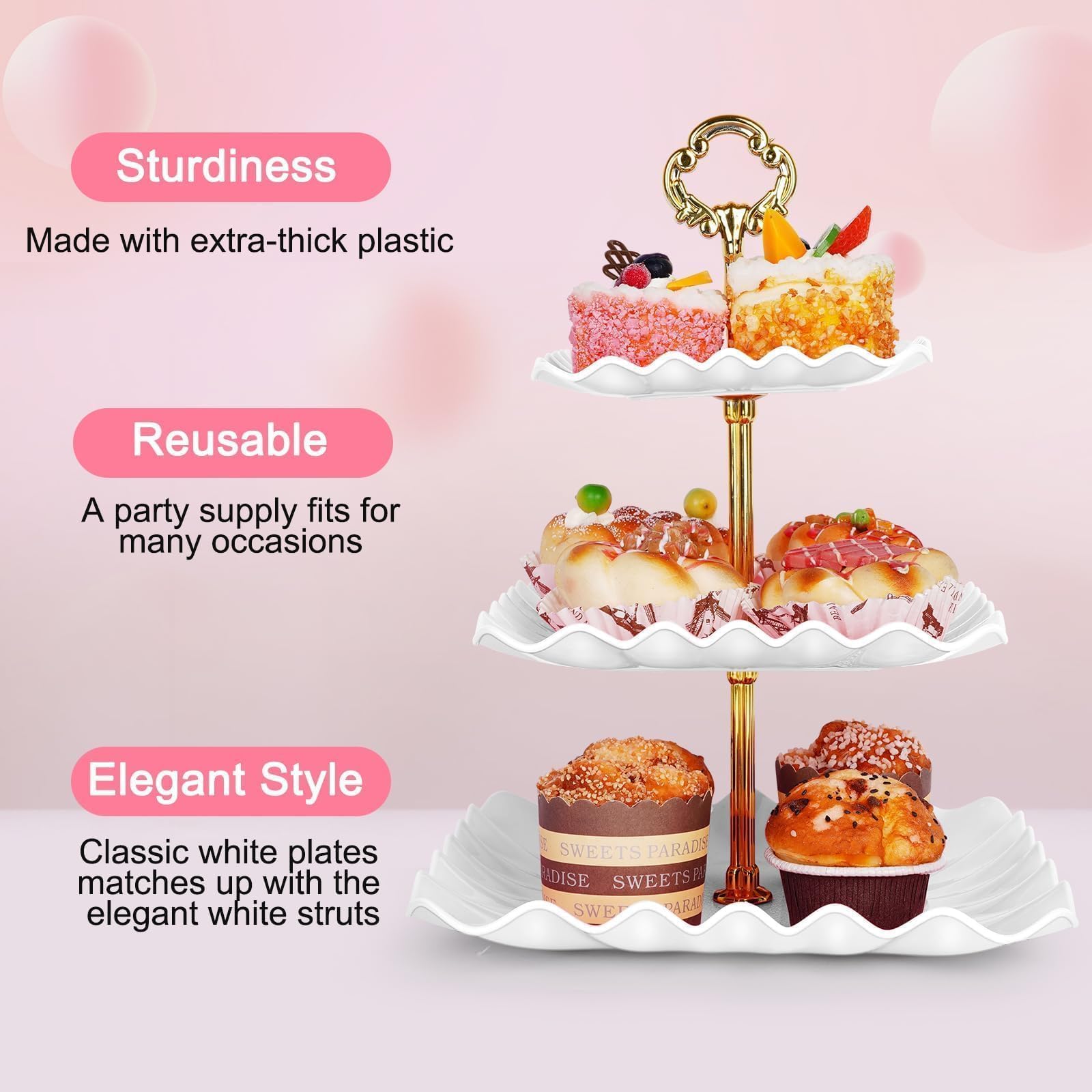 5 Pcs Dessert Table Display Set - 2 Pcs 3-Tier Dessert Display Stands & 3 Pcs Serving Tray - Dessert Trays Dessert Stands Treat Table Displays Set for Tea Parties,Birthdays & Baby Showers