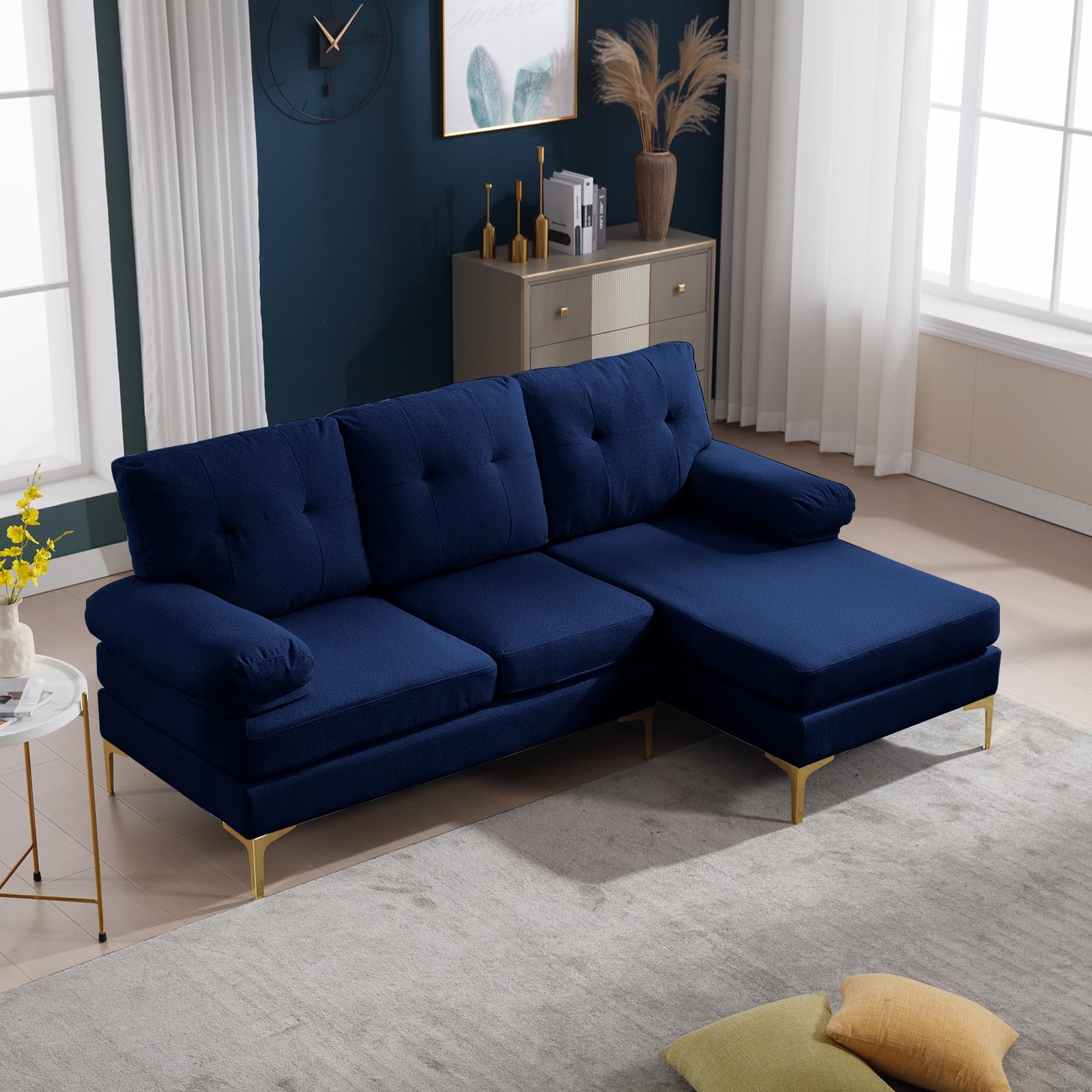 RXRRXY 80.7'' Sectional Sleeper Sofa L Shaped Couch, Small Upholstered 3 Seat Sleeper Couch with Chaise, Chenille Fabric Minimalist Sofa with Sturdy Legs for Living Room, Bedroom, Apartment (Navy)