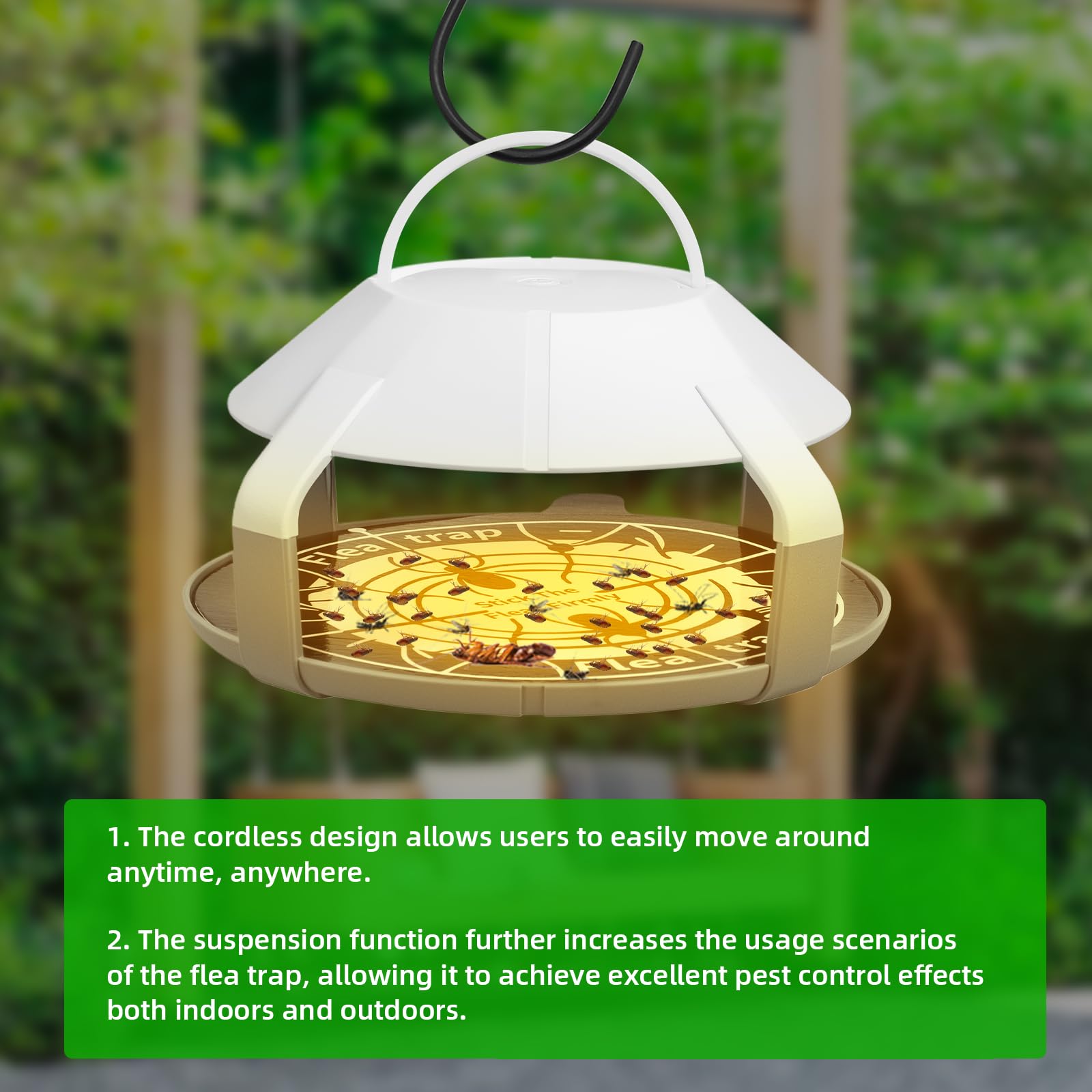 2 Pcs Flea Traps for Inside Your Home with 4 Sticky Disc & 2 Electric Wires, Cordless & Hanging Flea Killer Pest Control for Indoor Outdoor Patio Camping, Non Toxic & Harmless, Friendly to Pets & Kids