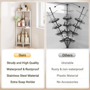 ELYKEN Corner Shower Caddy Standing, 3 Tier Rustproof Metal Shower Organizer with Soap Holder, Floor Shower Corner Shelf Rack Storage Stands with Adjustable Feet & 2 Hooks for Bathroom, White