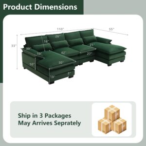 Suheww 109.8" U Shaped Sectional Sofa Cloud Couch, Modern Velvet U Shaped Couch, Large Modular Sleeper Sofa with Double Chaise for Living Room Apartment Guest Room Green