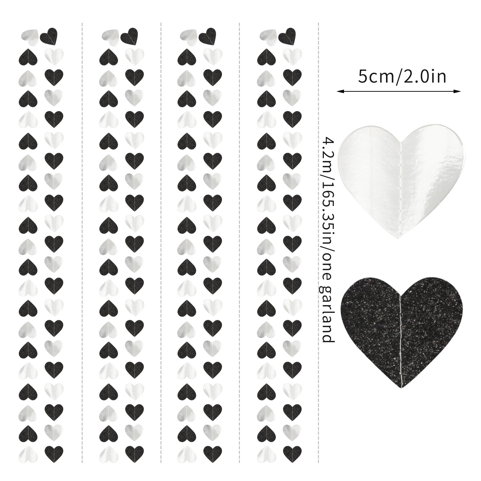 Black White-Silver Party-Decoration Heart Garland - 52ft 21st Men Birthday New Years Eve Hanging Backdrop Streamers,Graduation Engagement Wedding Bachelorette Banner Supplies Decor Lasting Surprise