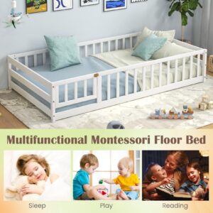 Giantex Twin Floor Bed with Door & Fence, Kids Wood Montessori Bed with Safety Guardrails, Floor Bed Frame for Kids, Boys, Girls, No Box Spring Needed, Floor Bed Twin (White)