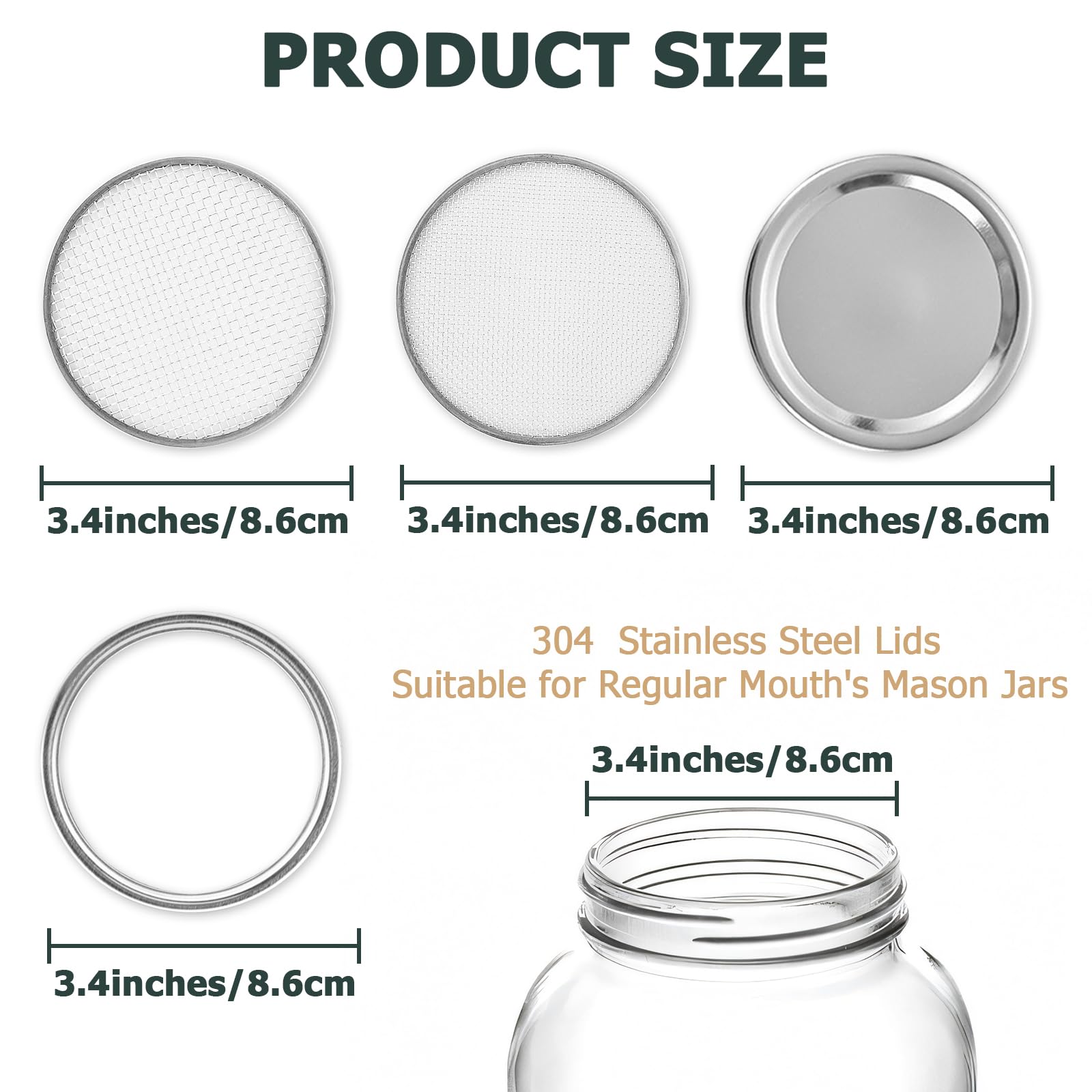 6 Pack Seed Sprouting Jar Lids: for 3.4"(86mm) Regular Mouth Mason Jars Fresh Sprouts at Home | Strainer Screen for Canning Jars | 304 Stainless Steel Lid for Growing Broccoli, Alfalfa, Beans & More