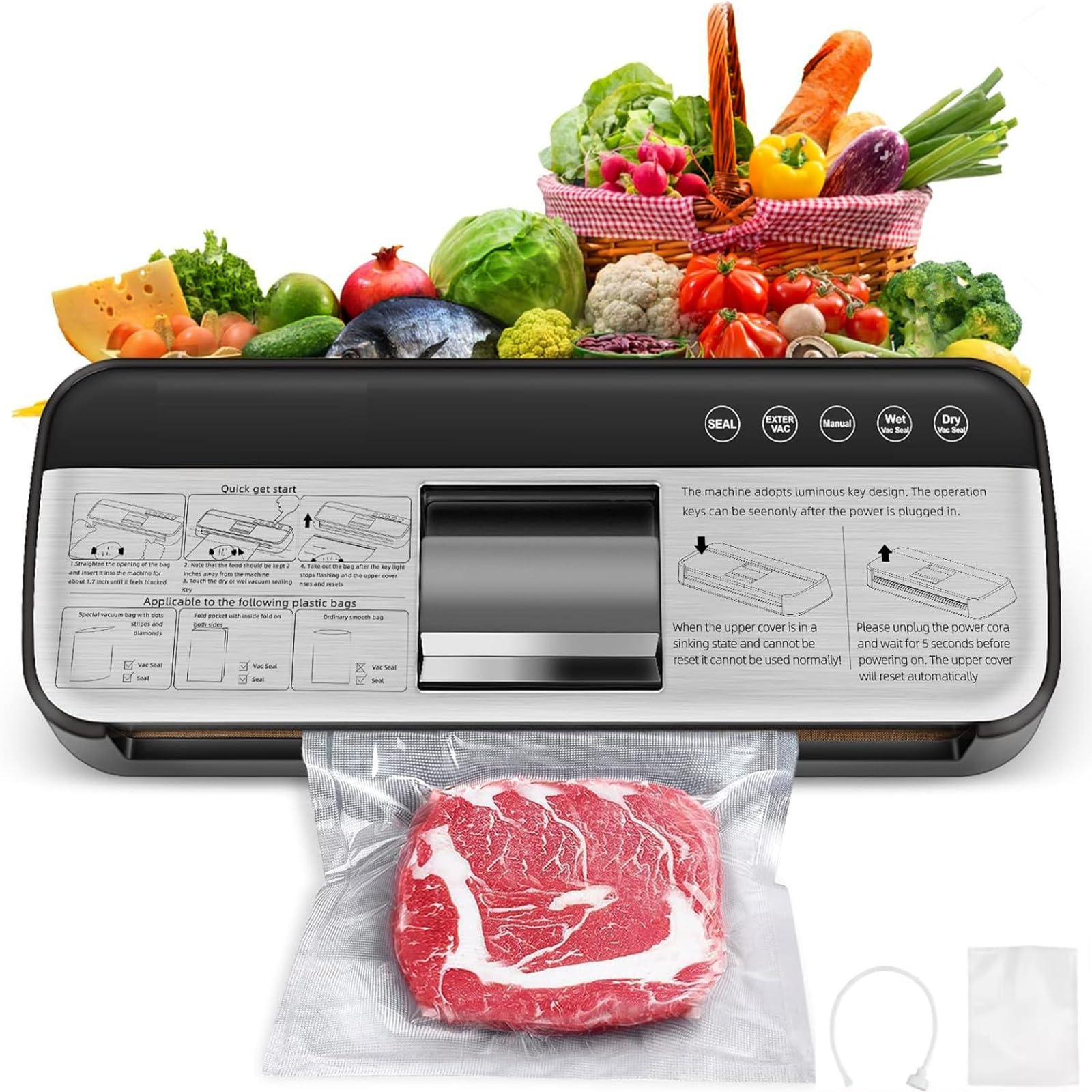 Powerful Vacuum Sealer Machine, One-Touch Automatic Food Sealer with 15 Bags, Dry/Moist/Seal/Manual/External Vac, 7MM Heating wire, Compact Easy-Clean for Food Storage and Sous Vide