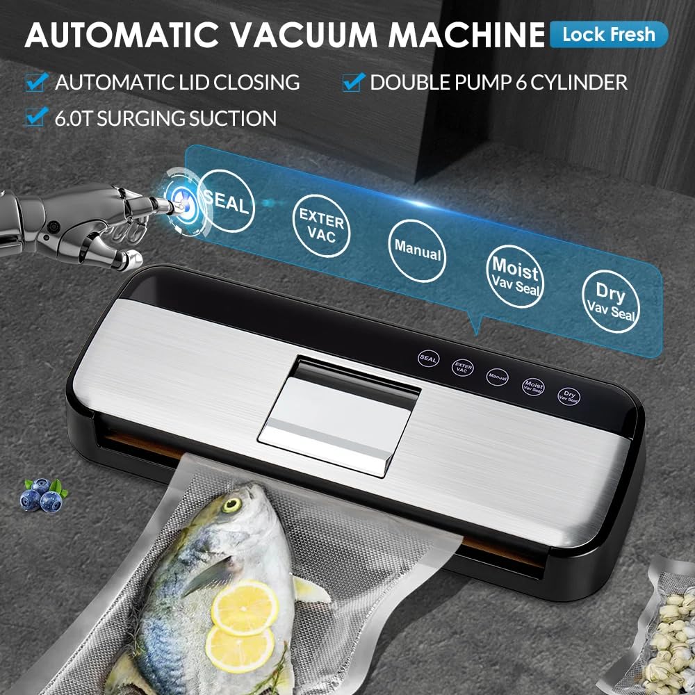 Powerful Vacuum Sealer Machine, One-Touch Automatic Food Sealer with 15 Bags, Dry/Moist/Seal/Manual/External Vac, 7MM Heating wire, Compact Easy-Clean for Food Storage and Sous Vide