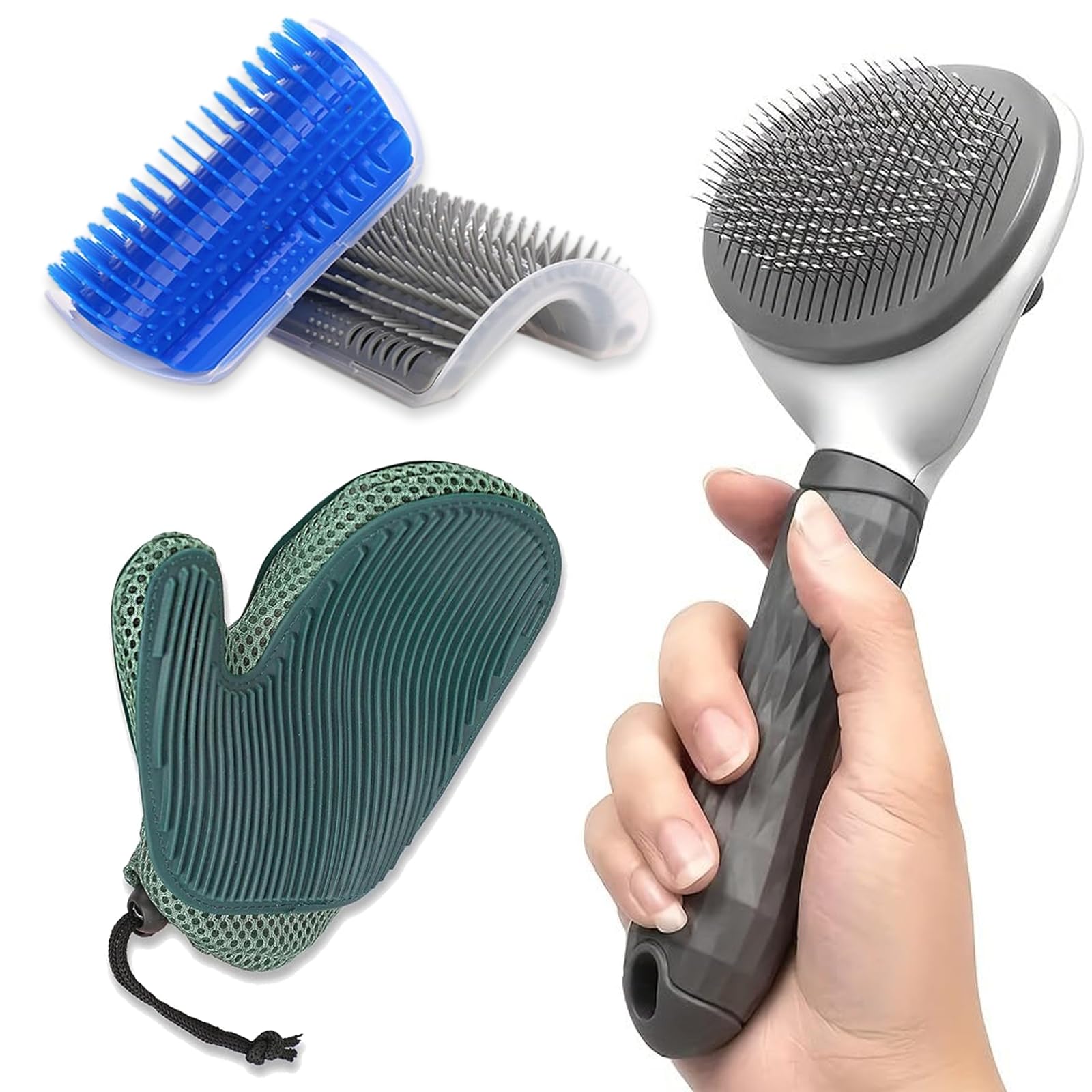 4 Pcs Cat Brush Kit for Indoor Cats, Self-Cleaning Slicker Cat Brush, Cat Brush Glove, and 2 Cat Wall Scratchers for Easy Shedding, Detangling, and Relaxing Grooming for Long and Short-Haired Cats