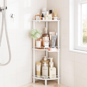 elyken corner shower caddy standing, 3 tier rustproof metal shower organizer with soap holder, floor shower corner shelf rack storage stands with adjustable feet & 2 hooks for bathroom, white