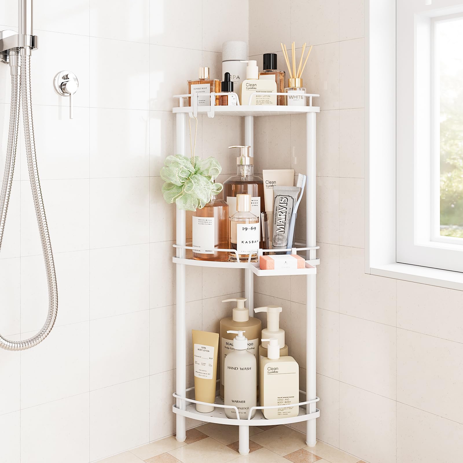 ELYKEN Corner Shower Caddy Standing, 3 Tier Rustproof Metal Shower Organizer with Soap Holder, Floor Shower Corner Shelf Rack Storage Stands with Adjustable Feet & 2 Hooks for Bathroom, White