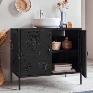 Lativo Black Peel and Stick Wallpaper Silk Embossed Floral Contact Paper for Cabinets Drawers Furniture 118×17.7''Textured Flower Wallpaper Removable Kitchen Wallpaper for Bathroom Waterproof Thicken