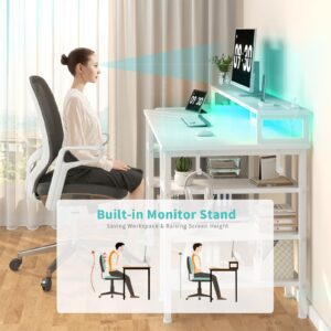 Lufeiya White Desk with Storage Shelves - 47 inch Home Office Gaming Desk with Monitor Stand, Computer Desk with LED Lights and Power Outlets, White