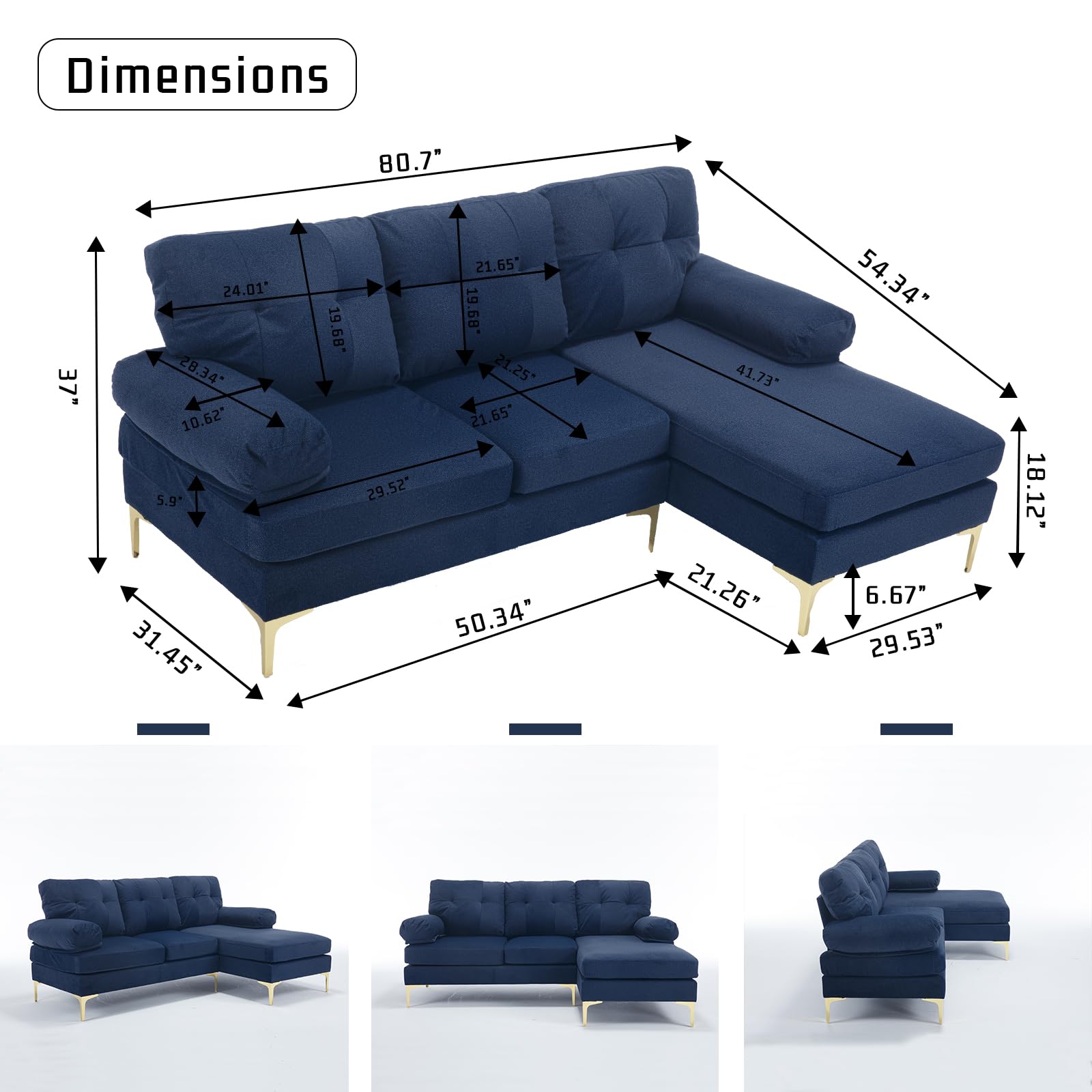 RXRRXY 80.7'' Sectional Sleeper Sofa L Shaped Couch, Small Upholstered 3 Seat Sleeper Couch with Chaise, Chenille Fabric Minimalist Sofa with Sturdy Legs for Living Room, Bedroom, Apartment (Navy)