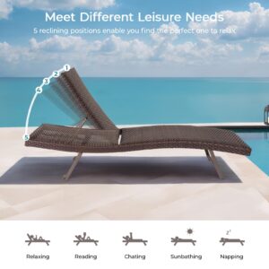 Outdoor Chaise Lounge Chair Set of 2, PE Wicker Lounge Chairs for Outside with Quick Drying Sponge Cushion, Rattan Reclining Chair with Adjustable Backrest Movable Beach Pool Sunbathing Recliner Chair