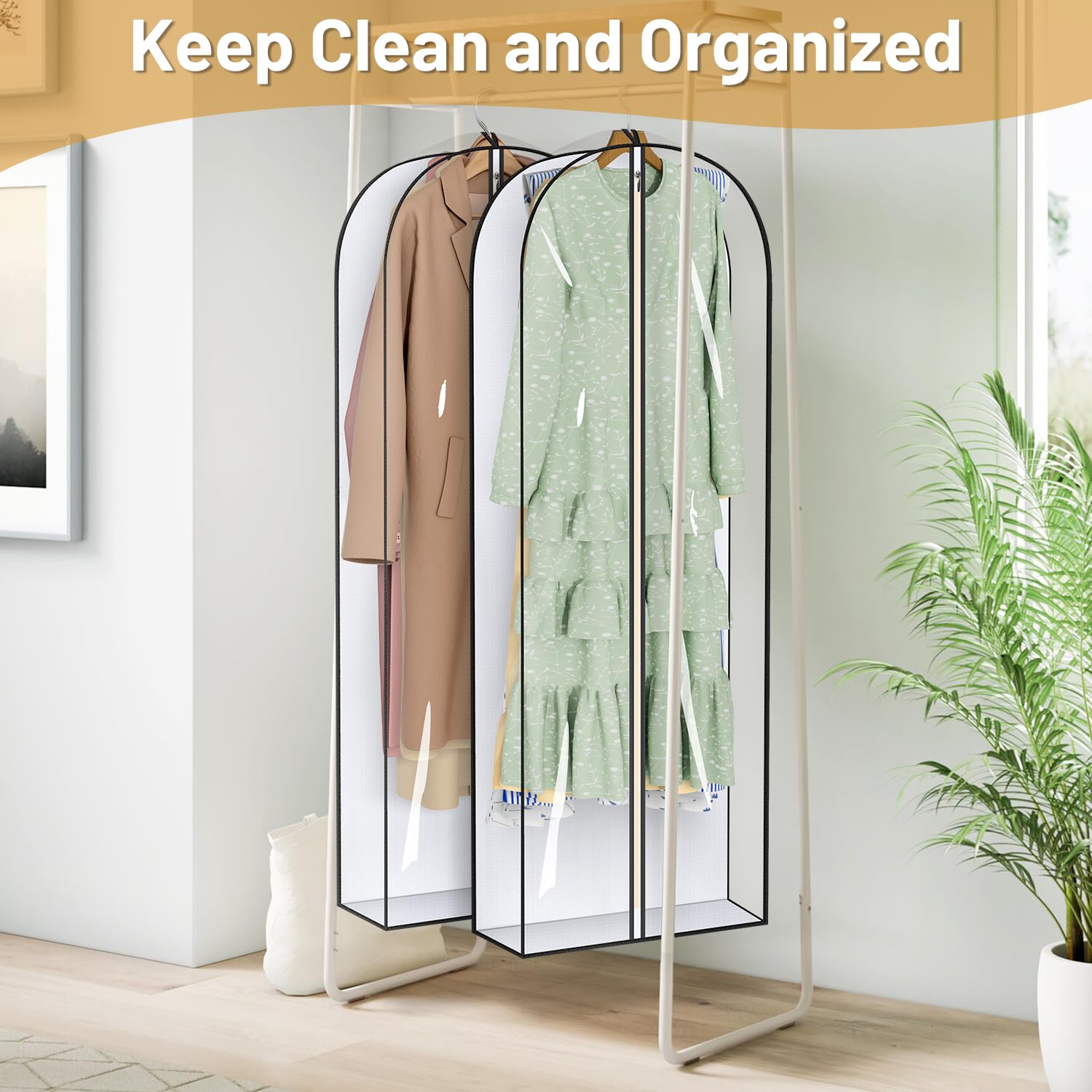 MISSLO 65" Clear Garment Bags for Hanging Clothes 4" Gusseted Dress Bags for Gowns Long Dress Cover for Closet Storage Dress Protector Bag, 2 Packs