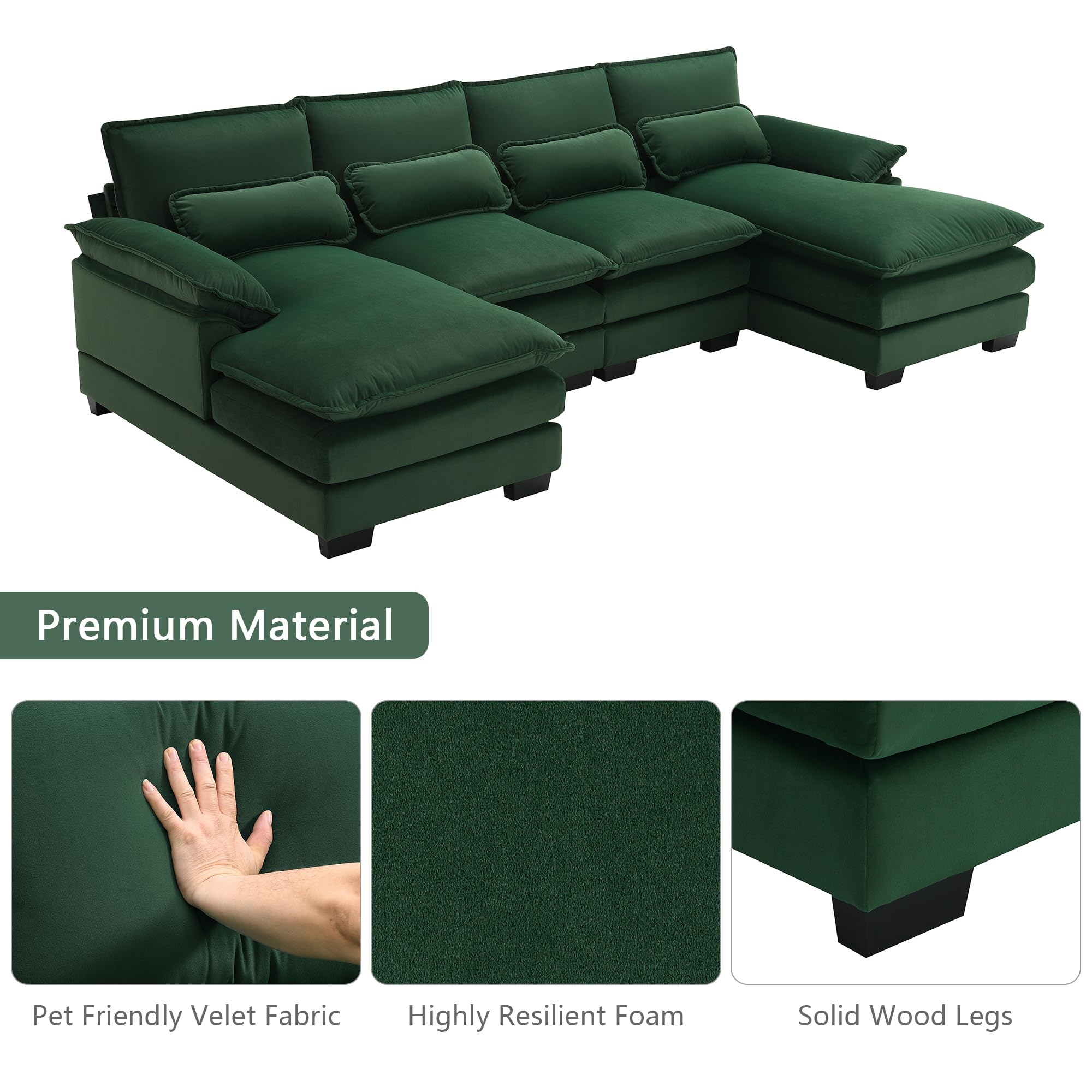 Suheww 109.8" U Shaped Sectional Sofa Cloud Couch, Modern Velvet U Shaped Couch, Large Modular Sleeper Sofa with Double Chaise for Living Room Apartment Guest Room Green