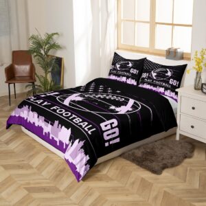 Feelyou Football Bedding Set Full Size American Flag Sports Duvet Cover Set for Kids Boys Girls Teens Toddler Black Purple Comforter Cover Set Rugby Ball Game Bedspread Cover 3Pcs Zipper