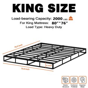 RmagineX King Box Spring 5 Inch Profile King Size Box Spring Only Heavy Duty Box Spring King Size with Fabric Cover Metal Mattress Foundation for King Bed Frame Easy Assemble (5 Inch, King)