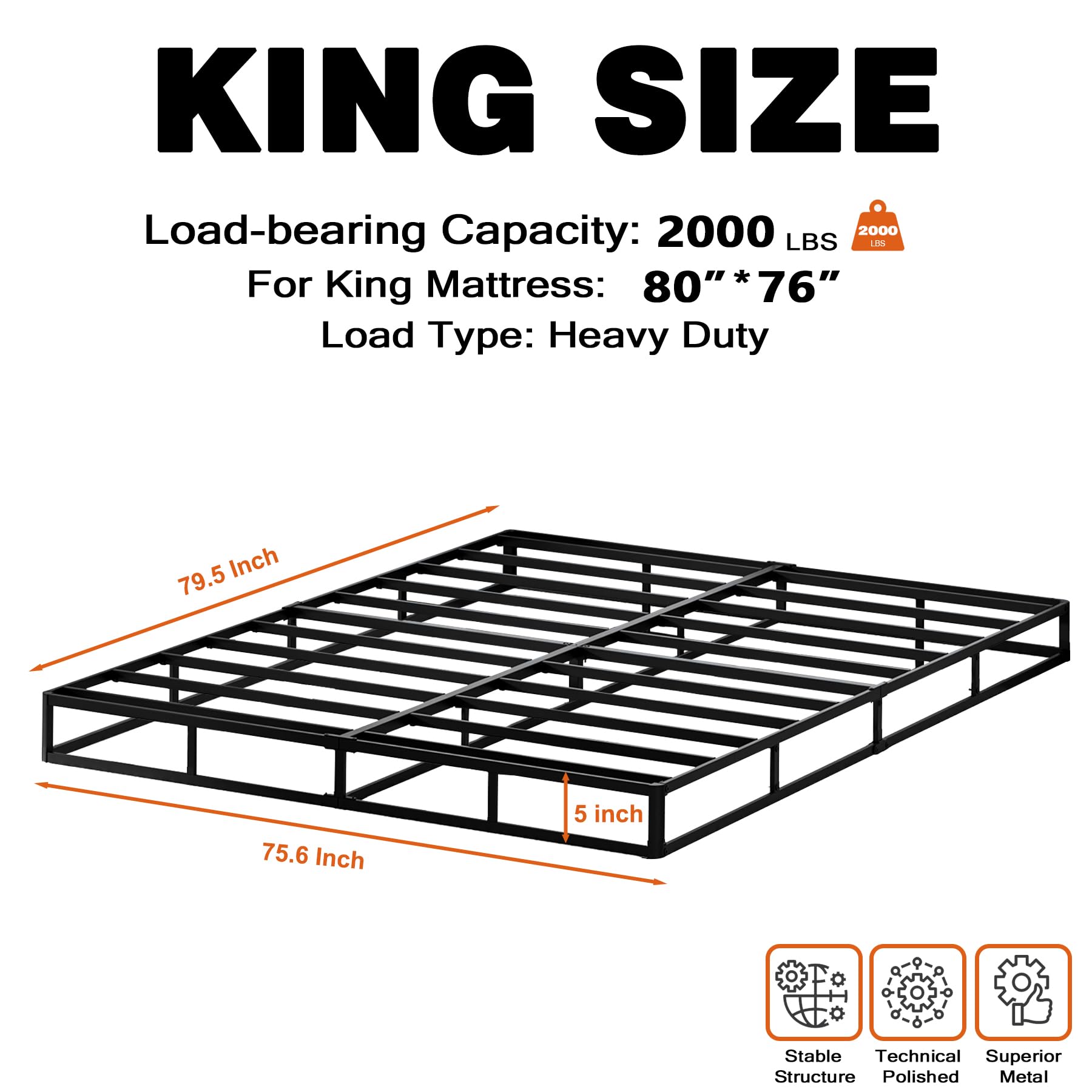 RmagineX King Box Spring 5 Inch Profile King Size Box Spring Only Heavy Duty Box Spring King Size with Fabric Cover Metal Mattress Foundation for King Bed Frame Easy Assemble (5 Inch, King)