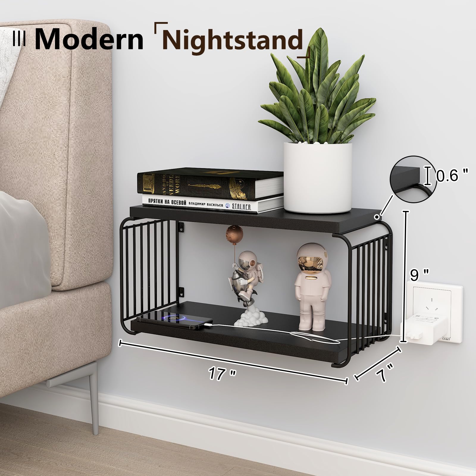 MXCSE Floating Nightstand Shelves – Modern Night Stand for Bedroom, Floating Nightstand, Durable Floating Shelf for Books, Nightstand Bedside Table, Mid Century Wall Shelves Nightstand (2, Black)