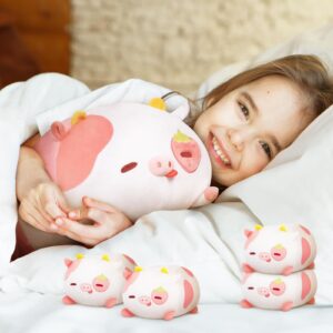 Mewaii Strawberry Cow Plushies Set, Mommy Cow Stuffed Animal with 4 Cute Small Squishy Babies, Soft Pink Cows Cuddle Pillow, Kawaii Plush Toy Gifts for Girls Boys Toddlers Kids