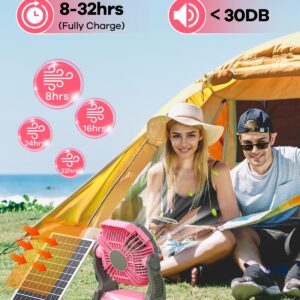 Art In Real 10400mAh Solar Powered Fan, Portable Solar Fan with LED Lantern, Camping Fan with 7W Solar Panel, Stepless Speed Battery Powered Fan for Travel, Camping,Office,Outdoor＆Indoor(Pink)