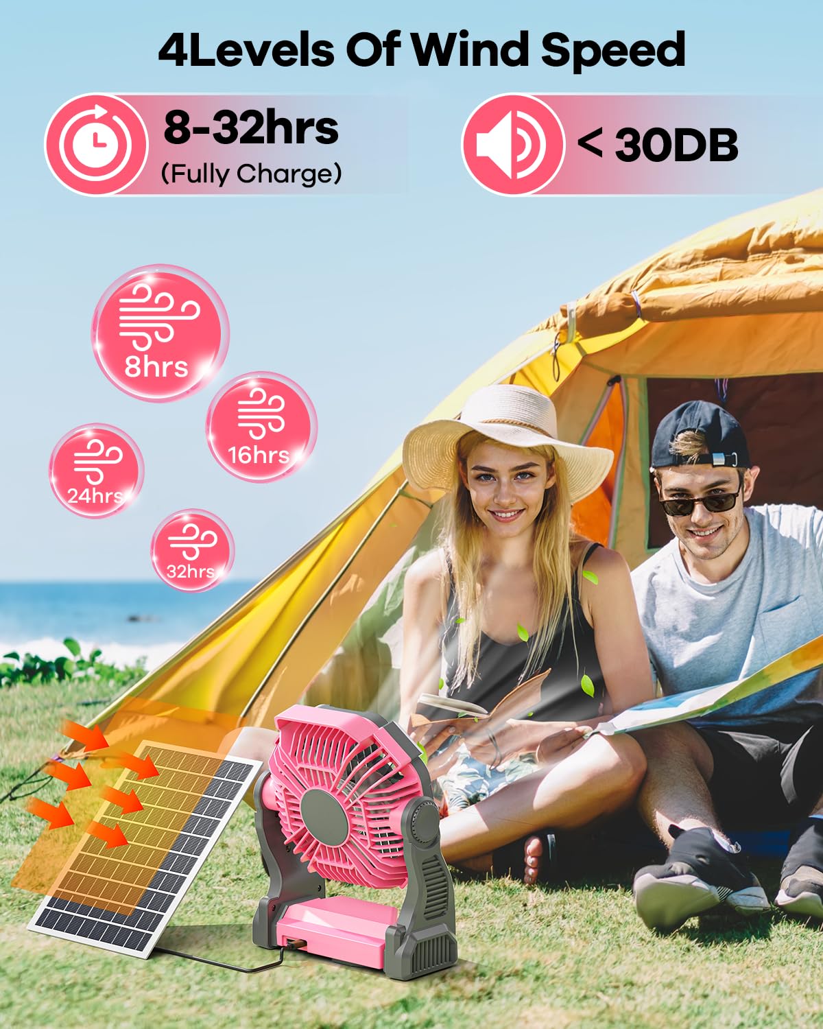 Art In Real 10400mAh Solar Powered Fan, Portable Solar Fan with LED Lantern, Camping Fan with 7W Solar Panel, Stepless Speed Battery Powered Fan for Travel, Camping,Office,Outdoor＆Indoor(Pink)