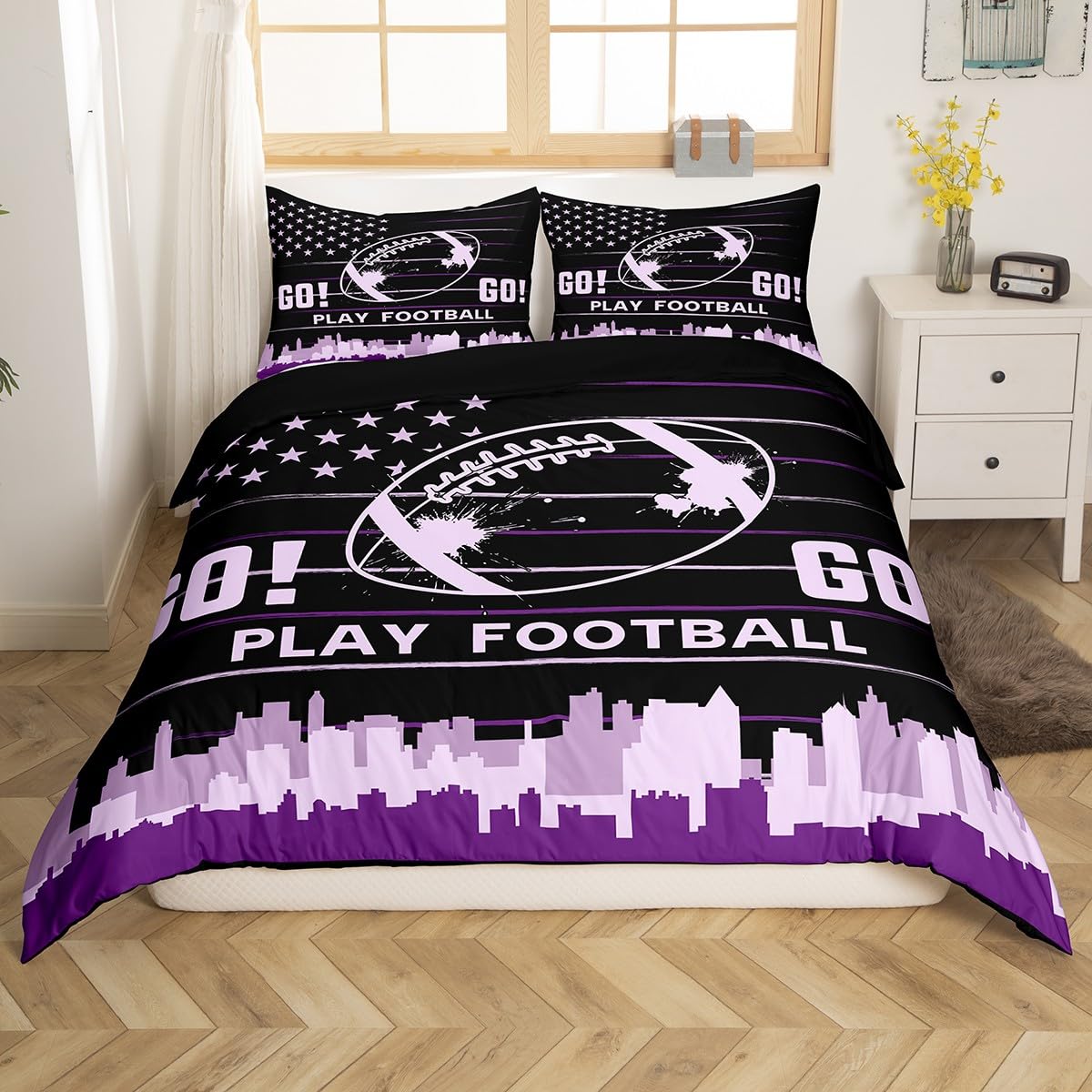 Feelyou Football Bedding Set Full Size American Flag Sports Duvet Cover Set for Kids Boys Girls Teens Toddler Black Purple Comforter Cover Set Rugby Ball Game Bedspread Cover 3Pcs Zipper