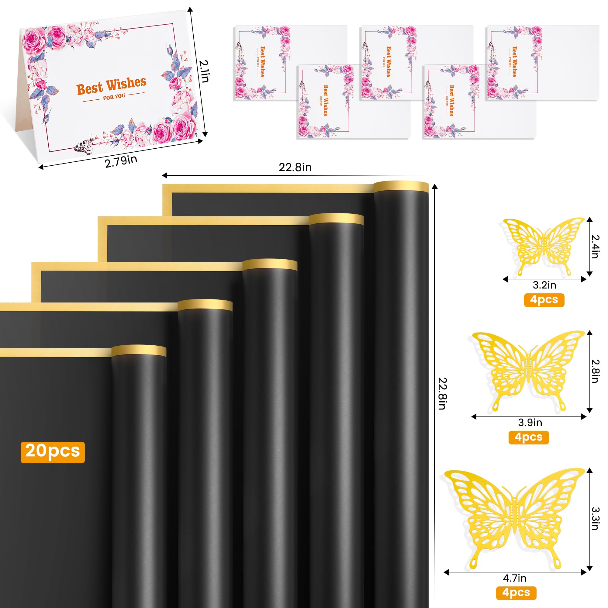 XIRTAIOV 20 Sheets Flower Wrapping Paper, Waterproof Floral Bouquet Wrapping Paper with 3D Butterflies and Greeting Cards, Florist Supplies Packaging Paper for Wedding Birthday Gift DIY (Black)