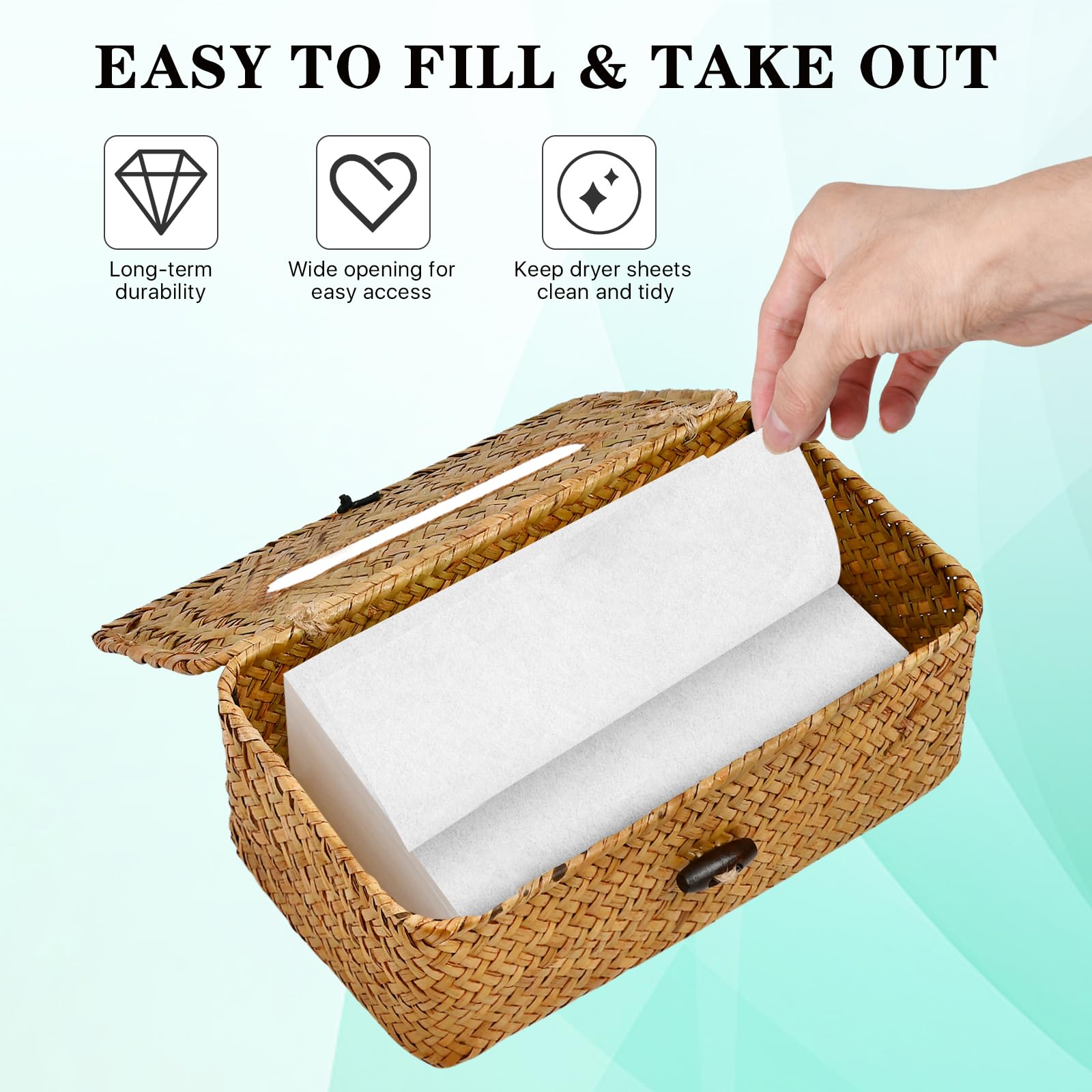 SULICRE Dryer Sheet Holder Seagrass Dryer Sheet Container with Lid Woven Farmhouse Dryer Sheet Box Decor Dryer Balls Dispenser for Laundry Room Organization and Storage