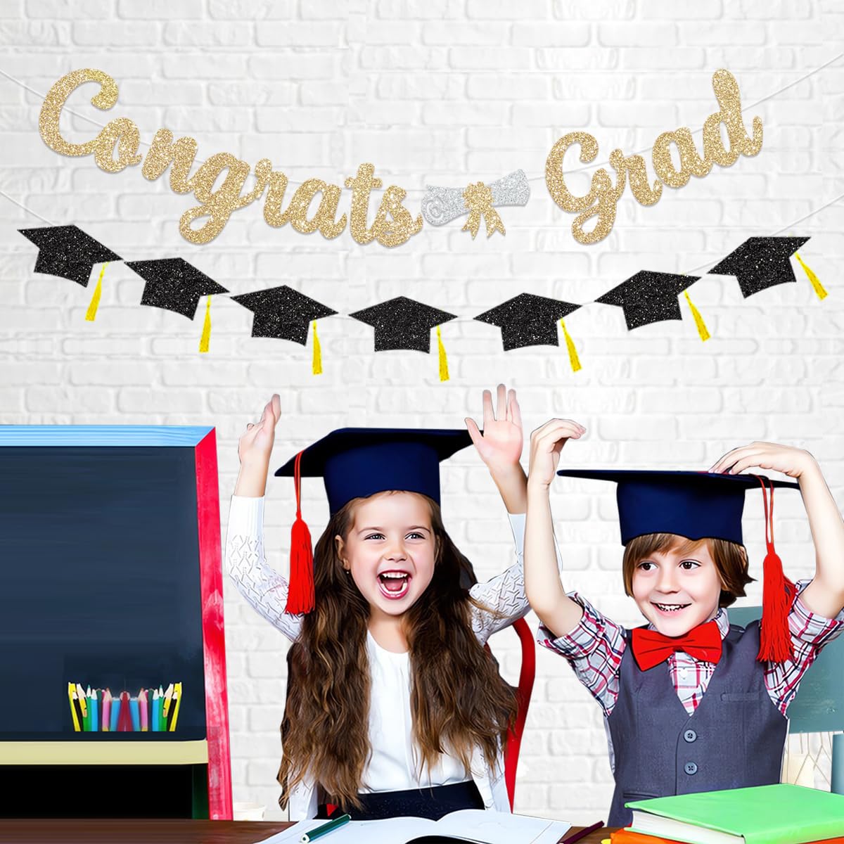 Glitter Gold Congrats Grad Decorations Banner Graduation Decorations Class of 2024 Banner Black Glitter Congrats Grad Graduation with Tassel Party Decor College High School Graduation Party Favors