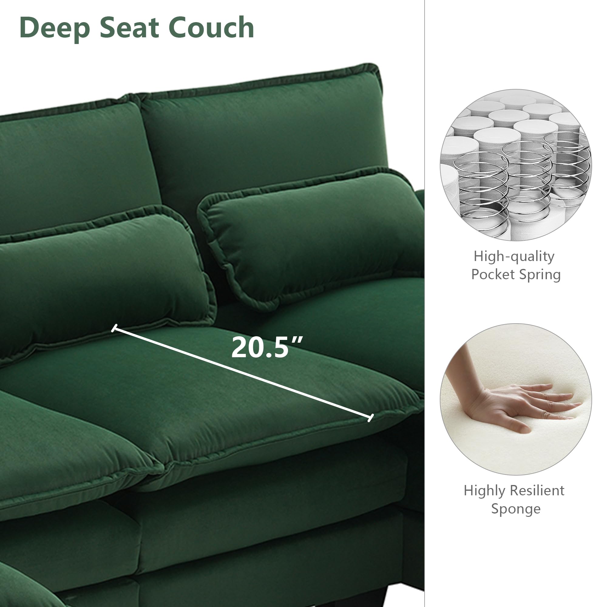 Suheww 109.8" U Shaped Sectional Sofa Cloud Couch, Modern Velvet U Shaped Couch, Large Modular Sleeper Sofa with Double Chaise for Living Room Apartment Guest Room Green