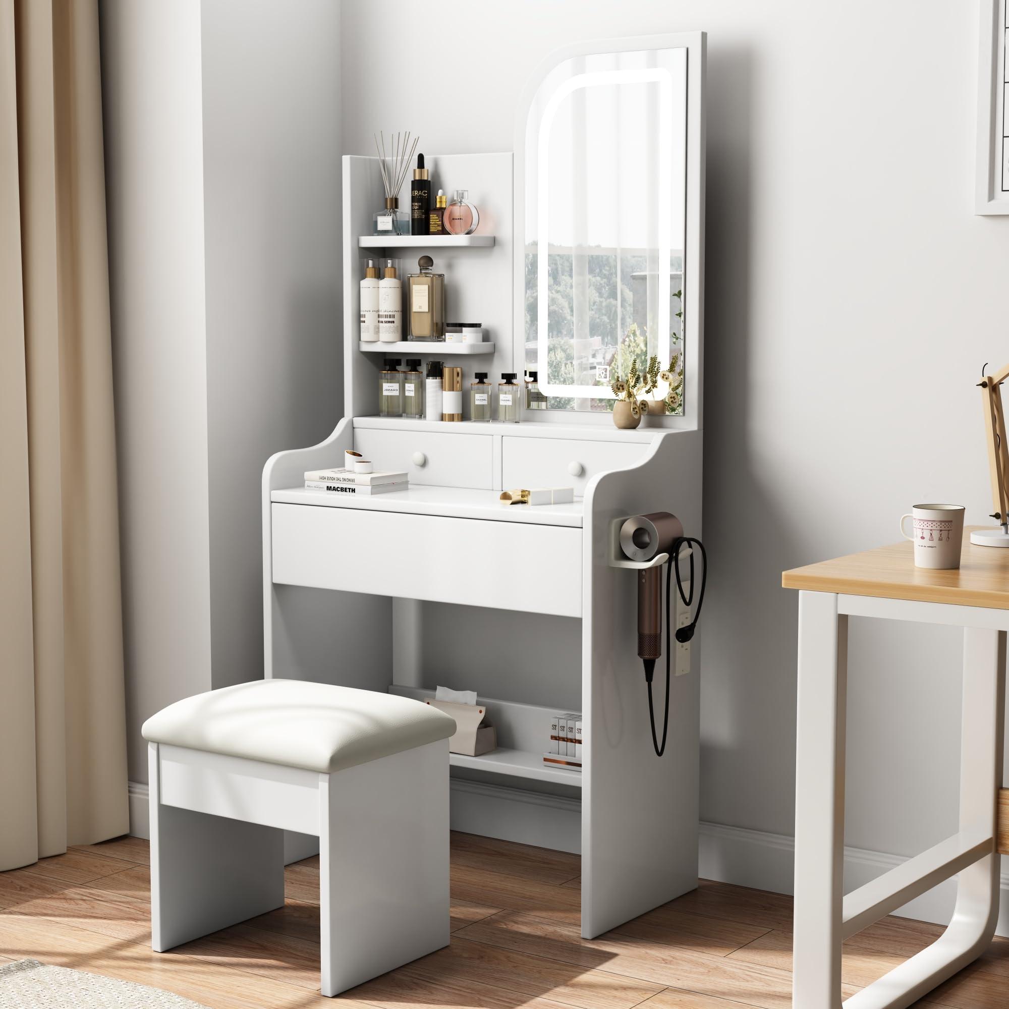 23.6" Small White Vanity Desk with Mirror and Lights, Vanity Set with Charging Station+Ottoman+Large Mirror with Streamlined Design+3 Sliding Drawers+3 Shelves+Adjustable Light, for Apartment Bedroom